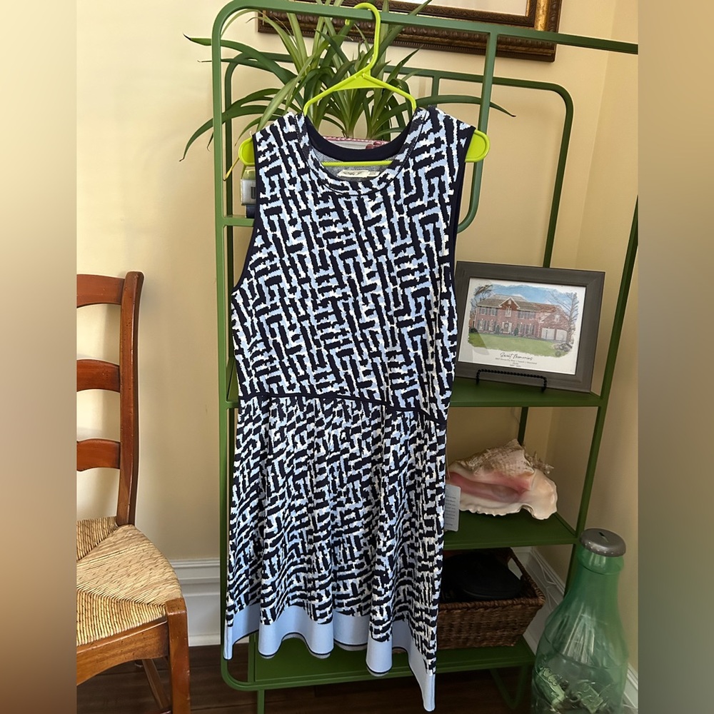 Eliza J Navy and White Geometric Fit-and-Flare Dress
